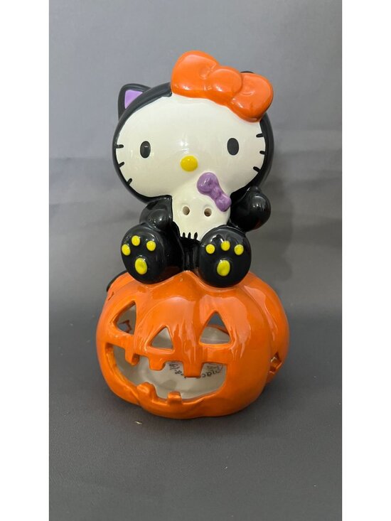 Hello Kitty Other - Hello Kitty Halloween Ceramic Tealight Holder Jack-O-Lantern Black Cat & Orange